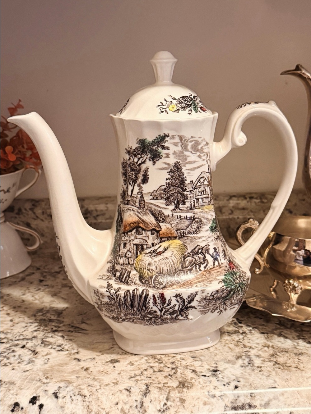 White Porcelain Scenic Farmhouse Coffee Pot with Multicolor Detail